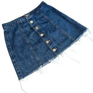AERO High Rise Denim Mini Skirt Size 6 Button Front Frayed Hem Blue Jean Skirt